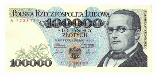 Peoples Republic of Poland, 100000 zloty 1990 BA Banknot w kondycji wizualnej bl...