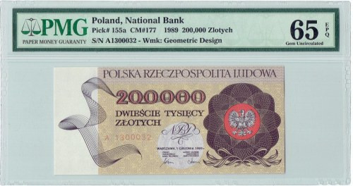 PRL, 200.000 złotych 1989 A - PMG 65 EPQ Wyśmienicie zachowany banknot o idealne...