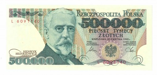 500.000 złotych 1990 L Egzemplarz w kondycji wizualnej emisyjnej, z widocznym w ...