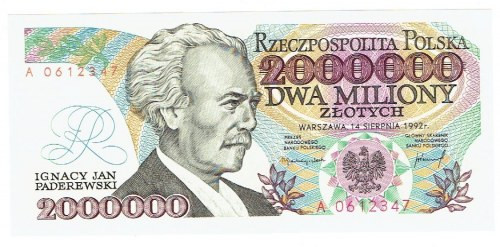 2 mln złotych 1992 z błędem ' Sejm Konstytucyjy 1919r.' Wyśmienicie zachowany ok...