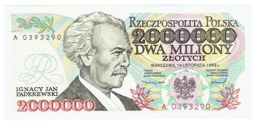 2 mln złotych 1993 A Wyśmienicie zachowany okazowy banknot o idealnej żywej kolo...