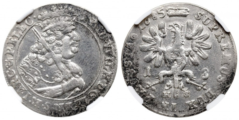 Prusy Książęce, Fryderyk Wilhelm, Ort 1685 HS, Królewiec - NGC MS61 Piękny menni...