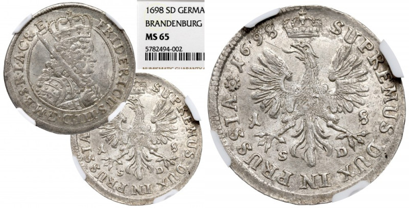 Germany, Preussen, Friedrich III, 18 groschen 1698, Königsberg - NGC MS65 Piękny...