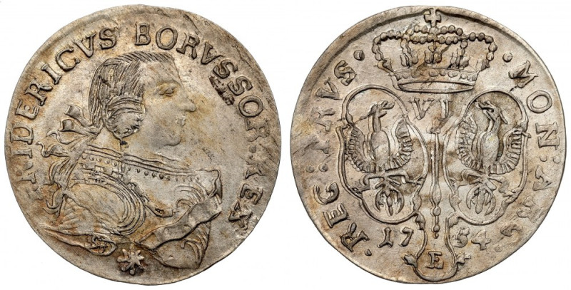 Germany, Preussen, Friedrich II, 6 groschen 1754, E Piękny, okołomenniczy egzemp...