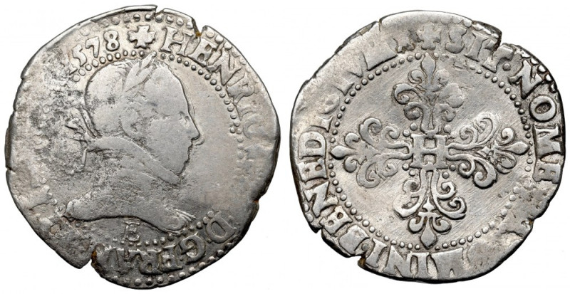 France, Henri III, Franc 1578, Tours Ładny, czytelny egzemplarz. Rzadko występuj...