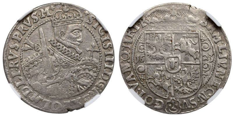 Sigismund III, 18 groschen 1623, Bromberg - NGC AU55 Piękny okołomenniczy egzemp...