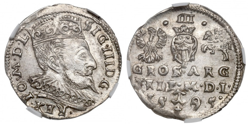 Zygmunt III Waza, Trojak 1595 Wilno - Chalecki i Prus - NGC MS63 Piękny, mennicz...