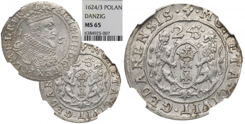 Sigismund III, 18 groschen 1623/4, Danzig - NGC MS65 Piękny, menniczy egzemplarz...