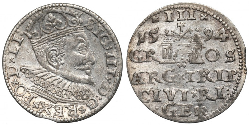 Sigismund III, 3 groschen 1594, Riga Bardzo ładny, okołomenniczy egzemplarz. Świ...