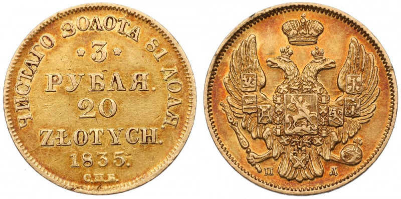 Russia, Nicholas I, 3 rouble=20 zloty 1835, Petersburg Ładny, lekko obiegowy egz...