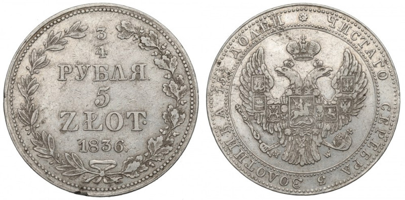 Poland under Russia, Nicholas I, 3/4 rouble=5 zloty 1836 MW, Warsaw Obiegowy egz...