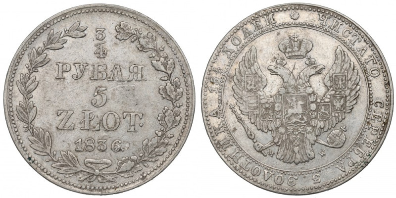 Poland under Russia, Nicholas I, 3/4 rouble=5 zloty 1836 MW, Warsaw Obiegowy egz...