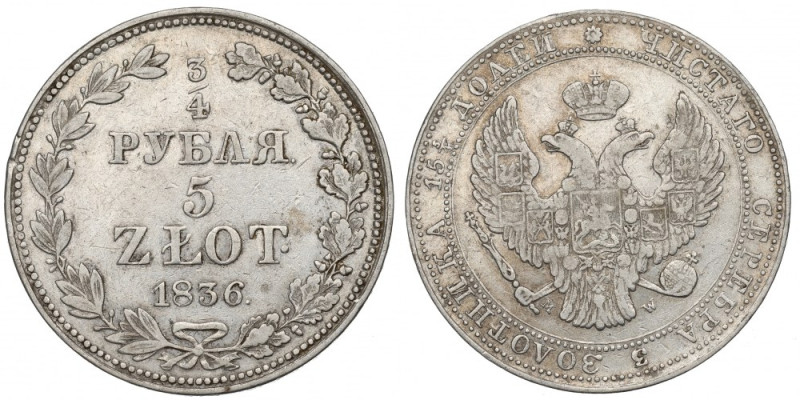 Poland under Russia, Nicholas I, 3/4 rouble=5 zloty 1836 MW, Warsaw Obiegowy egz...