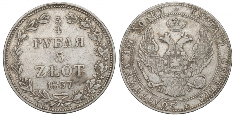 Poland under Russia, Nicholas I, 3/4 rouble=5 zloty 1837 Warsaw Czytelny egzempl...