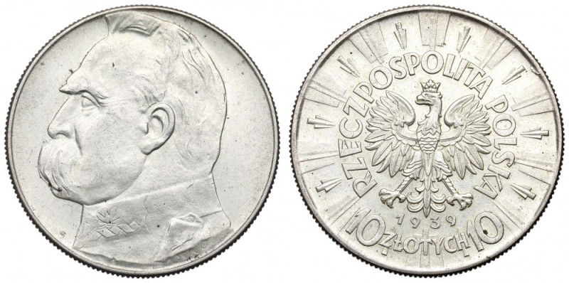 II Republic of Poland, 10 zloty 1939 Pilsudski Piękny egzemplarz z bezobiegowymi...