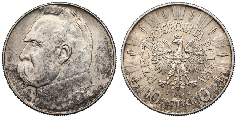 II Republic of Poland, 10 zloty 1939 Pilsudski Piękny egzemplarz z bezobiegowymi...