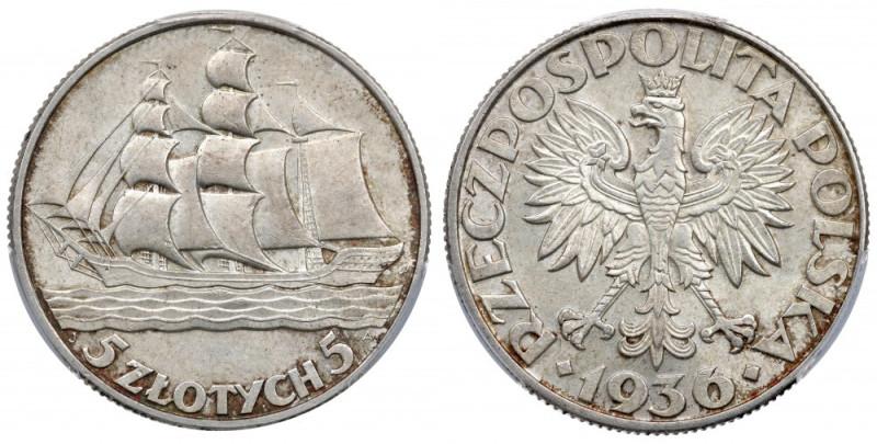 II Republic of Poland, 5 zloty 1936 Ship - PCGS MS62 Piękny, menniczy egzemplarz...