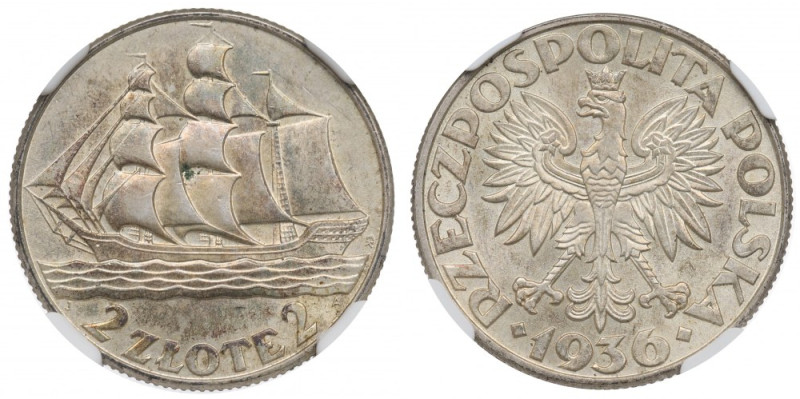 II Republic of Poland, 2 zlote 1936, Ship - NGC MS62 Piękny egzemplarz ze świetn...