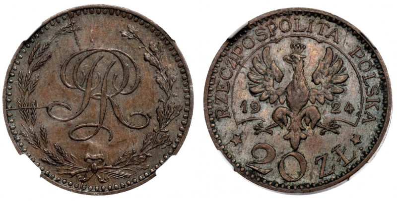 II RP, 20 złotych 1924 Próba - NGC MS61 BN Menniczy przykład rzadkiej próby wybi...