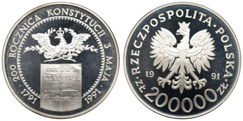 III RP, 200.000 złotych 1991 Konstytucja Piękny, menniczy egzemplarz. Lekka paty...