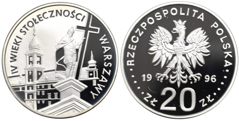 III RP, 20 złotych 1996 IV wieki stołeczności Warszawy Menniczy egzemplarz. 
Gr...