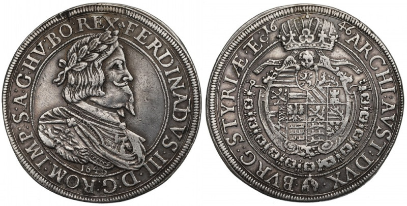 Austria, Ferdinand III, Thaler 1646 Graz Ładny egzemplarz. Charakterystyczna, rz...