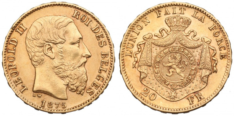 Belgium, 20 francs 1875 Piękny przykład belgijskiej 20-frankówki. Pozycja rzadsz...