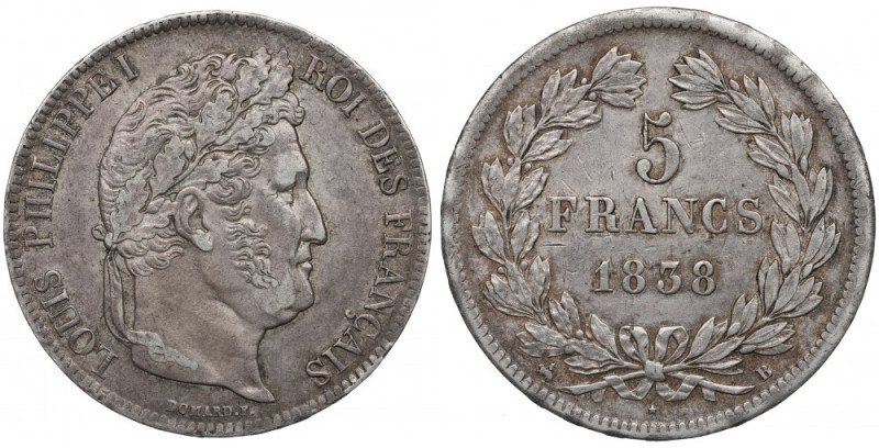 France, 5 francs 1838, Rouen Obiegowy egzemplarz o dobrze zachowanych detalach. ...