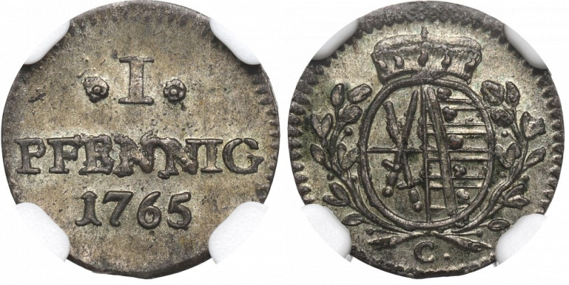 Germany, Saxony, 1 pfennig 1765 - NGC MS65 Doskonały menniczy egzemplarz w piękn...