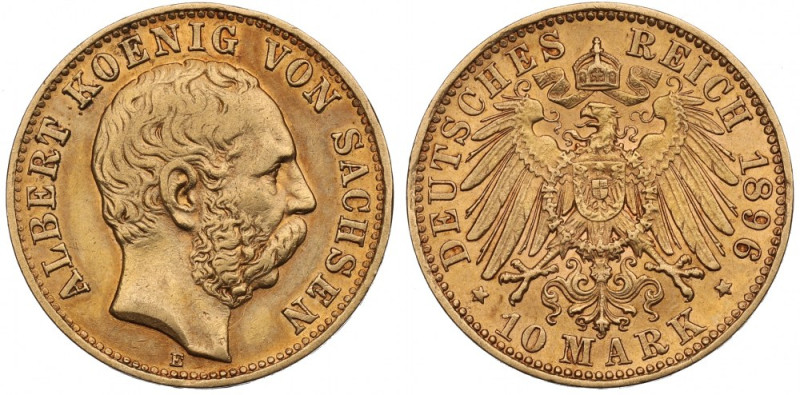 Germany, Saxony, 10 mark 1896 Ładny egzemplarz. Awers: głowa władcy w prawo, w o...