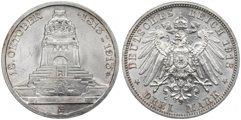 Germany, Saxony, 3 marks 1913 E Piękny egzemplarz. Pozycja typologicznie popular...