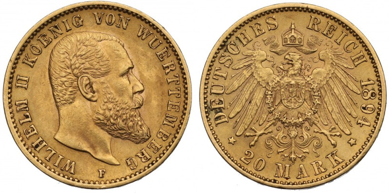 Germany, Wuertemberg, 20 mark 1894 Bardzo ładny egzemplarz. Awers: głowa władcy ...