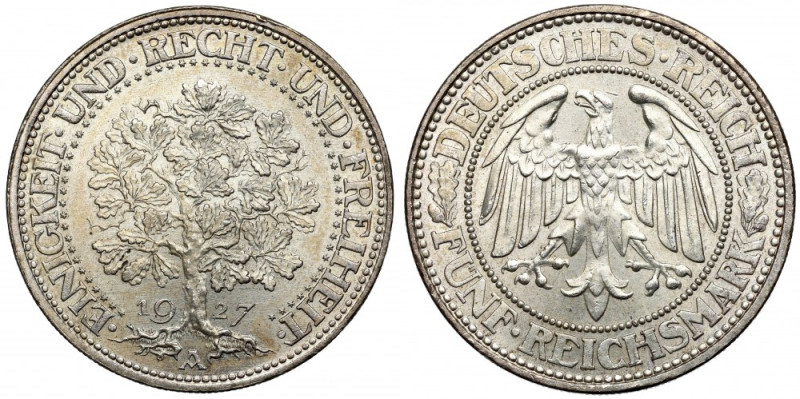 Germany, Weimar Republic, 5 mark 1927 A Piękny, okołomenniczy egzemplarz o świet...