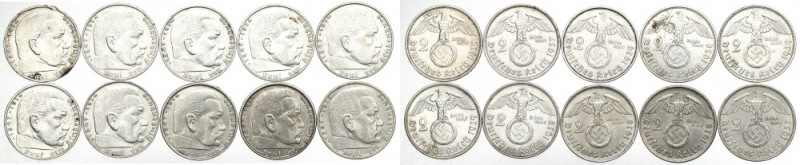 Germany, III Reich, Lot of 2 marks 1937-39 Hindenburg Ładnie zachowane egzemplar...