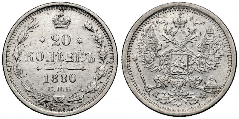 Russia, Alexander II, 20 kopecks 1880 Pięknie zachowany egzemplarz. Moneta rzads...