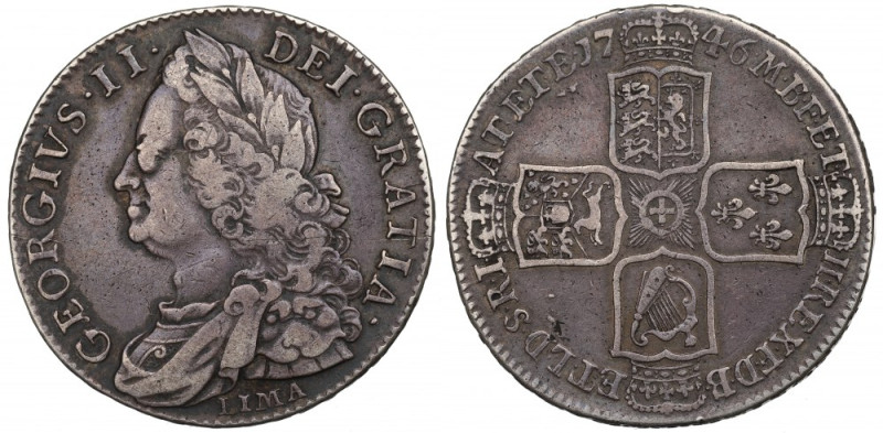 England, George II, 1/2 crown 1746 Obiegowy egzemplarz. Awers: popiersie władcy ...