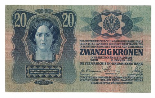 Czechosłowacja, 20 koron 1919 (1913) - ze znaczkiem Rzadki banknot w kondycji ok...