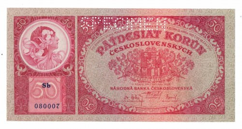 Czechosłowacja, 50 koron 1929 - specimen Banknot w emisyjnej kondycji. Perforowa...