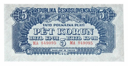 Czechosłowacja, 5 koron 1944 MA Banknot w emisyjnej kondycji. Odmiana z poziomym...