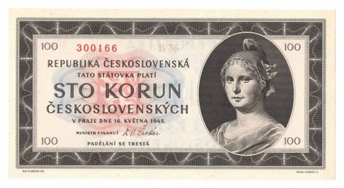 Czechosłowacja, 100 koron 1945 Banknot w wyśmienitym emisyjnym stanie zachowania...