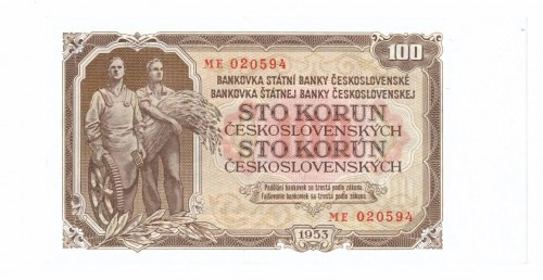 Czechosłowacja, 100 koron 1953 ME Banknot w emisyjnej kondycji. Seria ME za któr...