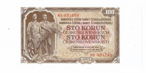 Czechosłowacja, 100 koron 1953 ME Banknot w emisyjnej kondycji. Seria ME za któr...