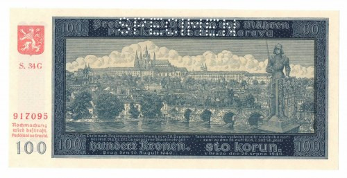 Czechy i Morawy, 100 koron 1940 - specimen Wyśmienicie zachowany banknot w emisy...