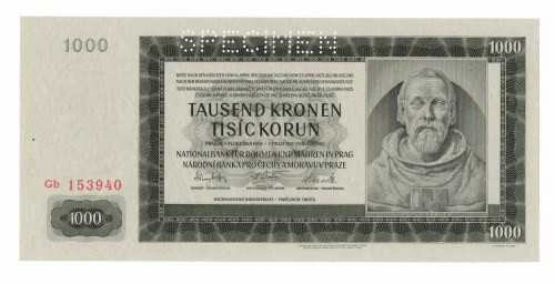 Czechy i Morawy, 1000 koron 1942 - specimen Rzadszy banknot w emisyjnym stanie z...