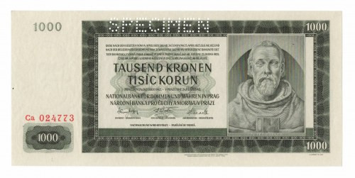 Czechy i Morawy, 1000 koron 1942 - specimen Rzadszy banknot w emisyjnym stanie z...