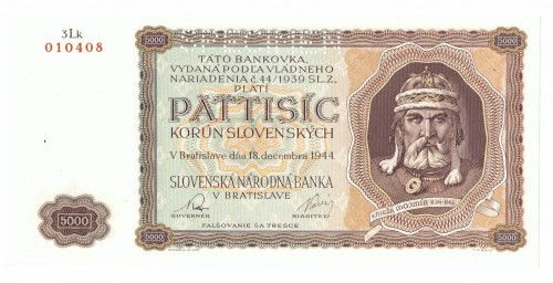 Słowacja, 5000 koron 1944 - specimen Piękny rzadko notowany w obiegu aukcyjnym b...