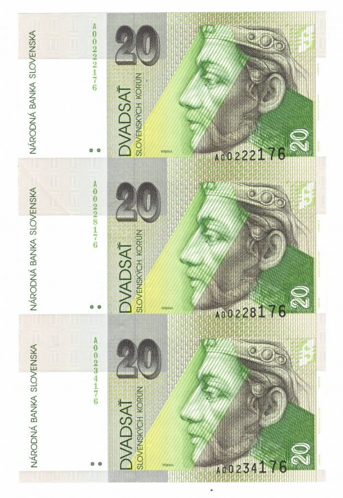 Słowacja, 20 koron 1993 A - nierozcięty arkusz Banknoty w kondycji niemal emisyj...