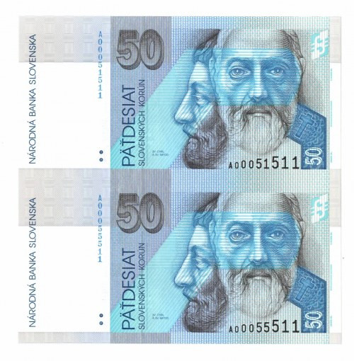 Słowacja, 50 koron 1993 A - nierozcięty arkusz Banknoty w kondycji emisyjnej. Ma...