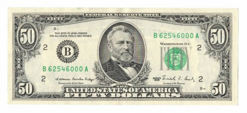 USA, 50 dollars 1988 Bardzo ładny w pełni naturalny egzemplarz. Centralnie ugięt...