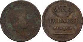 Napoli - Regno delle Due Sicilie - Ferdinando II (1830-1859) 5 Tornesi 1847 - Gig.223 - Cu - gr.14,55 - RARA (R)